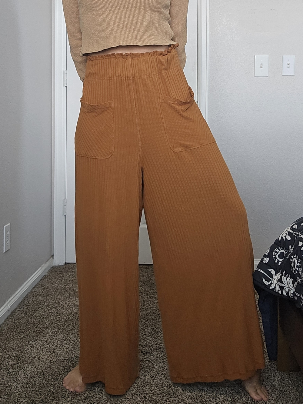 Free People Ribbed Wide-Leg Palazzo Pants - Caramel